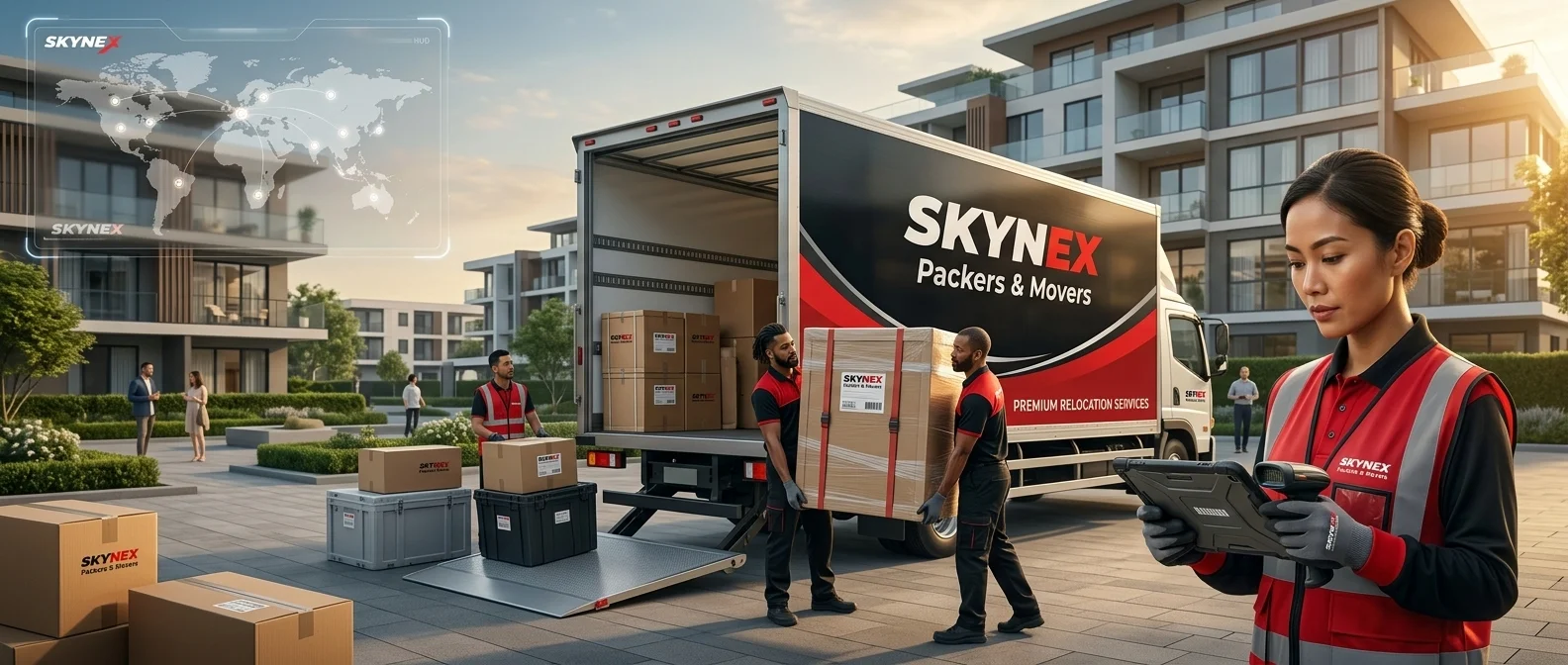Professional packers sealing moving boxes